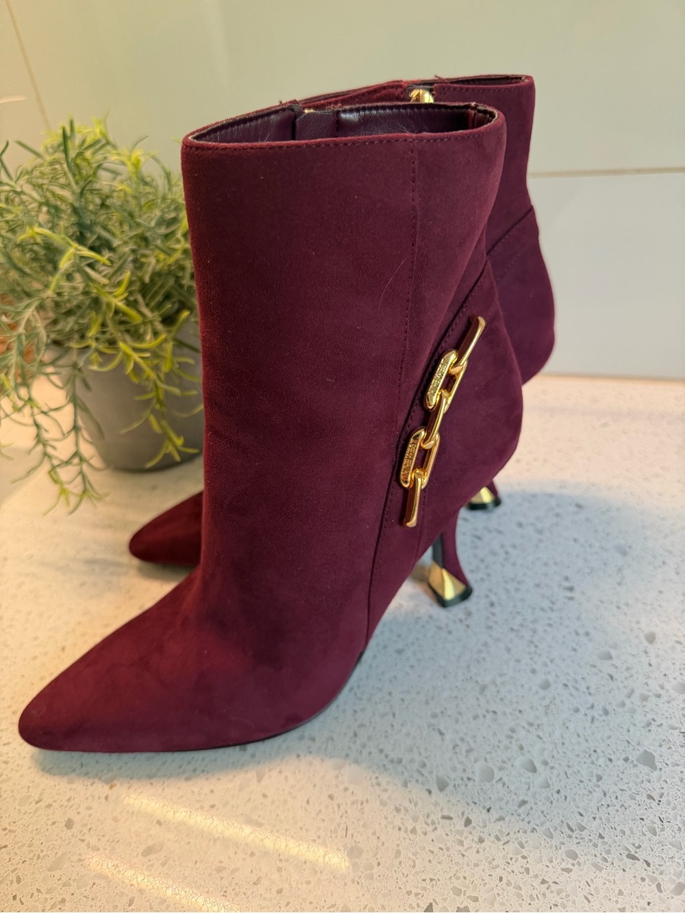 Nine West Burgundy Suede Pointed Toe Ankle Boots with Gold Chain Accent